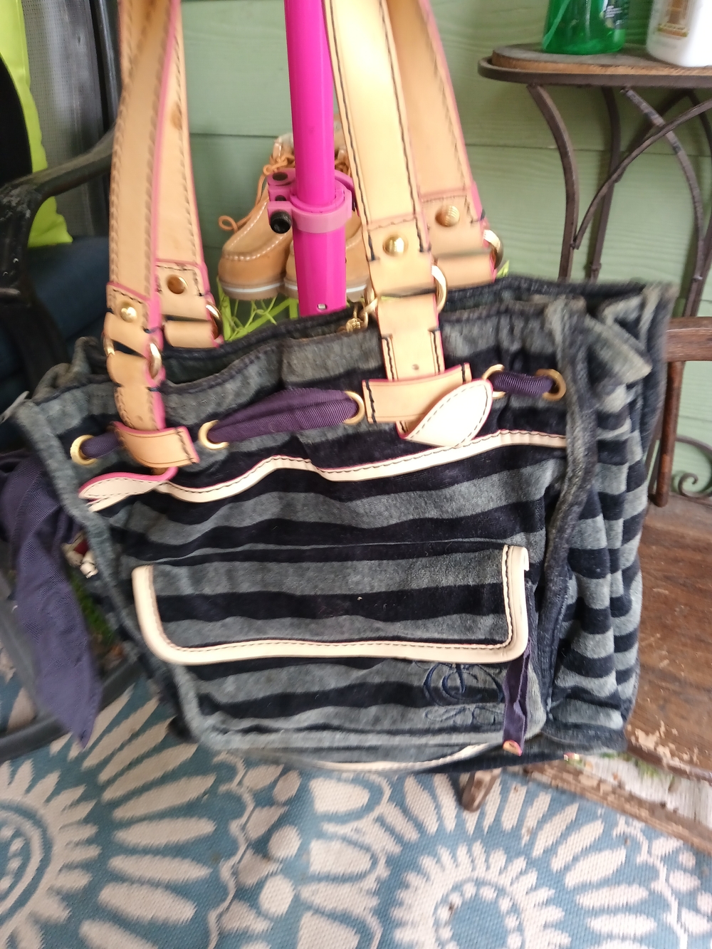 Vintage Juicy Couture Black and Gray Striped Shoulder Tote with Cream Trim